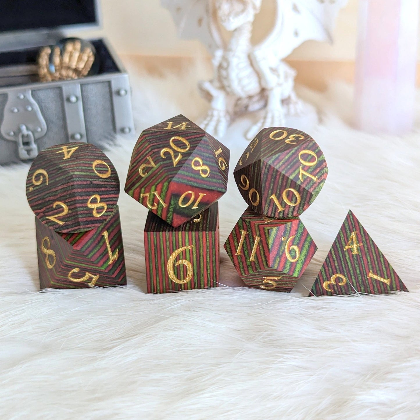Green and Red Stripe Wood Dice Set – 7 - Piece Layered Wooden DnD Dice | Fennek & Finch - Fennek and Finch
