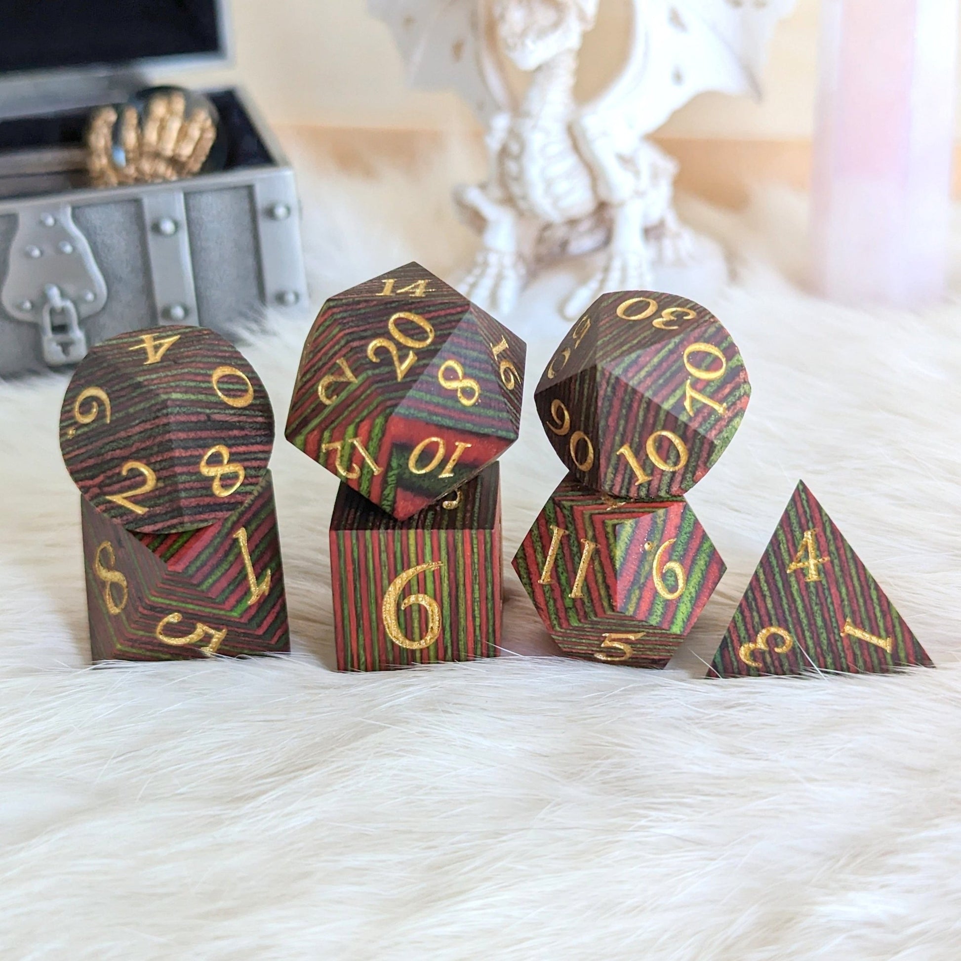 Green and Red Stripe Wood Dice Set – 7 - Piece Layered Wooden DnD Dice | Fennek & Finch - Fennek and Finch