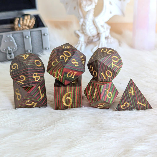 Green and Red Stripe Wood Dice Set – 7 - Piece Layered Wooden DnD Dice | Fennek & Finch - Fennek and Finch