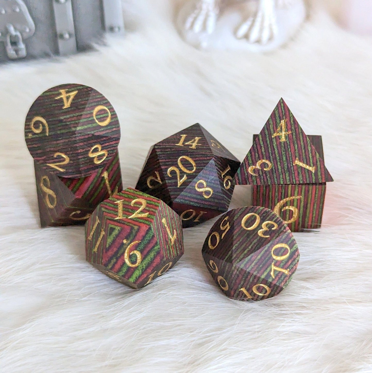 Green and Red Stripe Wood Dice Set – 7 - Piece Layered Wooden DnD Dice | Fennek & Finch - Fennek and Finch
