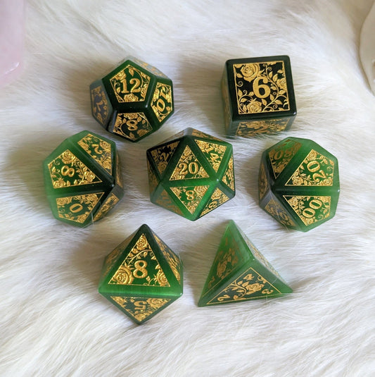 Green Cats Eye Rose Dice Set – Glass Engraved Gemstone DnD Dice with Gold Font | Fennek & Finch - Fennek and Finch
