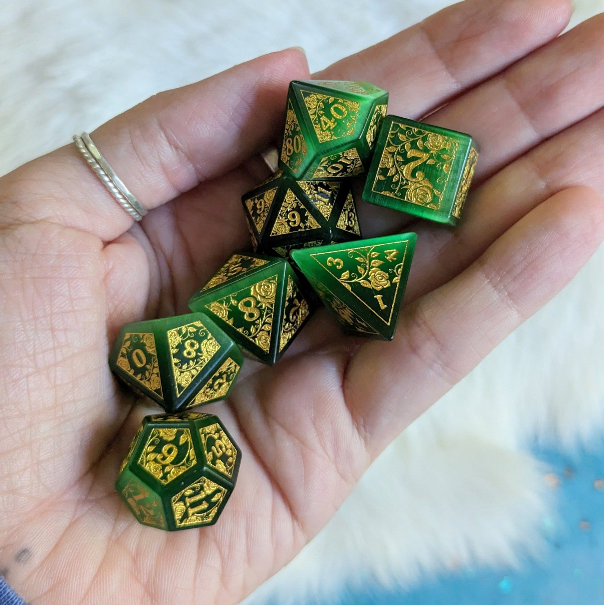 Green Cats Eye Rose Dice Set – Glass Engraved Gemstone DnD Dice with Gold Font | Fennek & Finch - Fennek and Finch