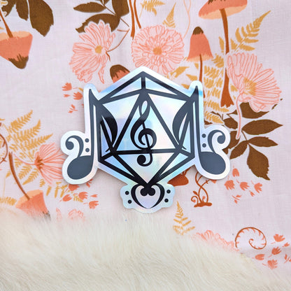 Holographic Bard Class Sticker with Music Symbols and D20 Frame on Floral Background