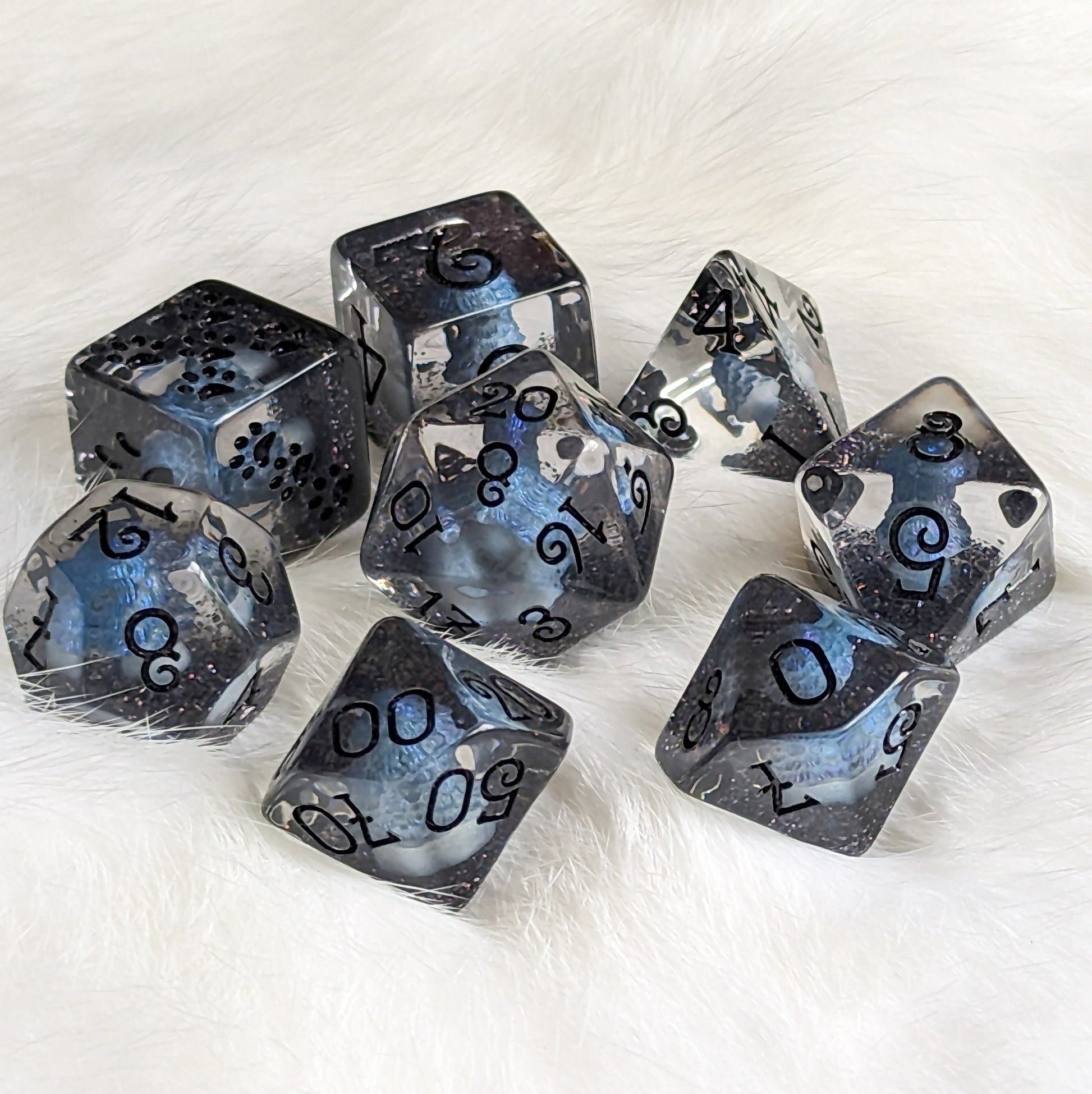Inky Cap Mushroom Dice Set – 8 - Piece Black Glitter DnD Dice with Paw D6 | Fennek & Finch - Fennek and Finch