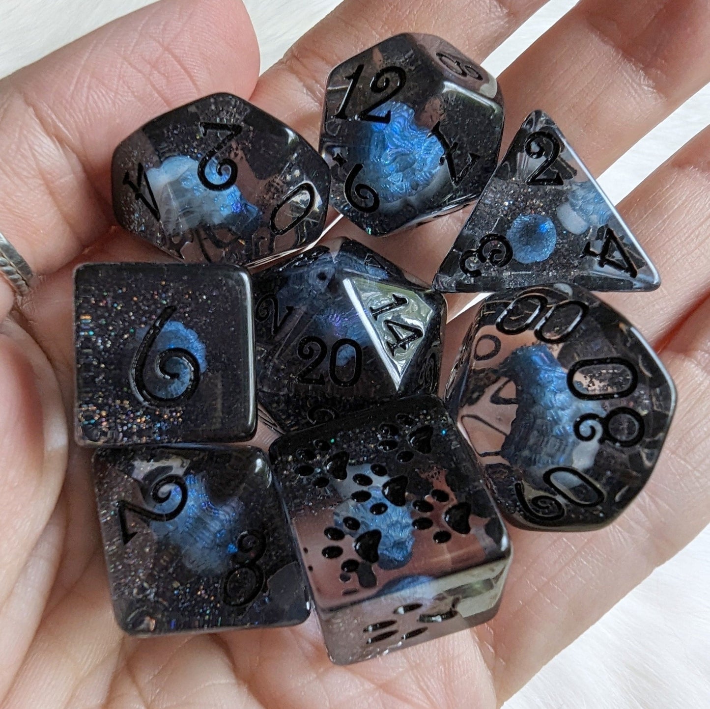 Inky Cap Mushroom Dice Set – 8 - Piece Black Glitter DnD Dice with Paw D6 | Fennek & Finch - Fennek and Finch