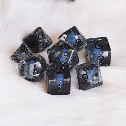 Inky Cap Mushroom Dice Set – 8 - Piece Black Glitter DnD Dice with Paw D6 | Fennek & Finch - Fennek and Finch