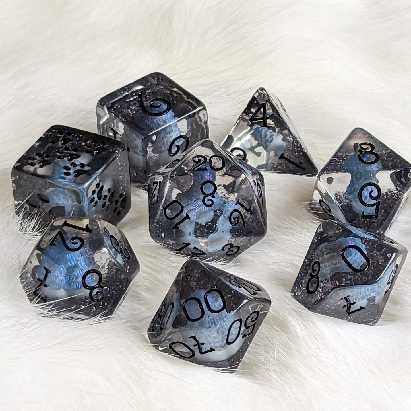 Inky Cap Mushroom Dice Set – 8 - Piece Black Glitter DnD Dice with Paw D6 | Fennek & Finch - Fennek and Finch