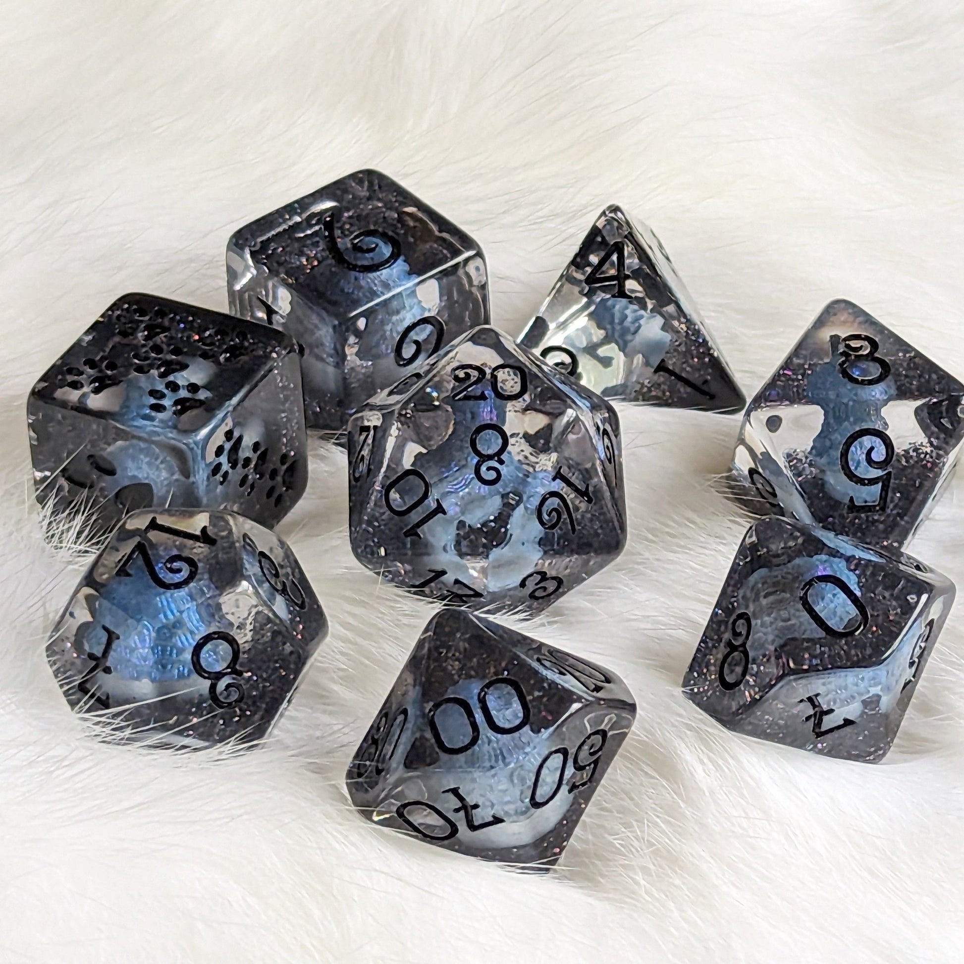 Inky Cap Mushroom Dice Set – 8 - Piece Black Glitter DnD Dice with Paw D6 | Fennek & Finch - Fennek and Finch