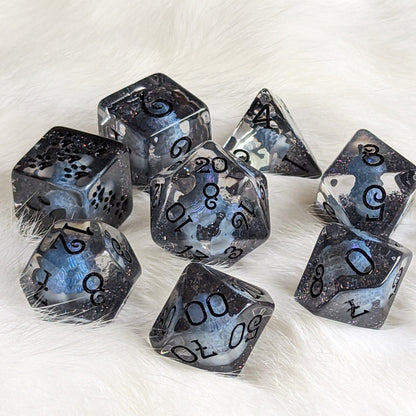 Inky Cap Mushroom Dice Set – 8 - Piece Black Glitter DnD Dice with Paw D6 | Fennek & Finch - Fennek and Finch
