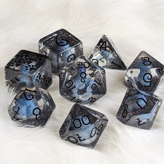 Inky Cap Mushroom Dice Set – 8 - Piece Black Glitter DnD Dice with Paw D6 | Fennek & Finch - Fennek and Finch