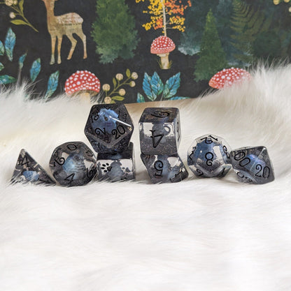 Inky Cap Mushroom Dice Set – 8 - Piece Black Glitter DnD Dice with Paw D6 | Fennek & Finch - Fennek and Finch
