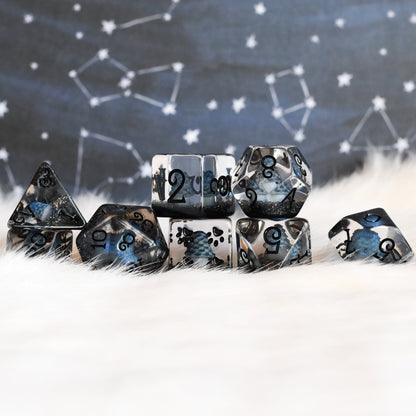 Inky Cap Mushroom Dice Set – 8 - Piece Black Glitter DnD Dice with Paw D6 | Fennek & Finch - Fennek and Finch