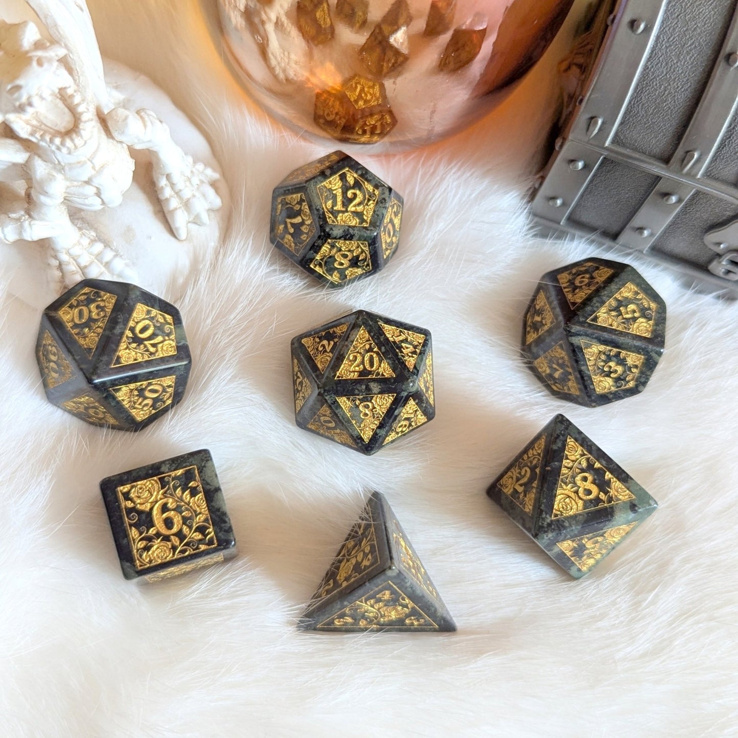 Kambaba Jasper Rose Dice Set – 7 - Piece Real Gemstone Engraved DnD Dice - Fennek and Finch