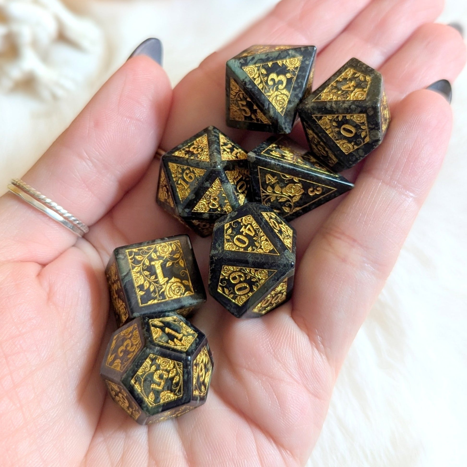 Kambaba Jasper Rose Dice Set – 7 - Piece Real Gemstone Engraved DnD Dice - Fennek and Finch