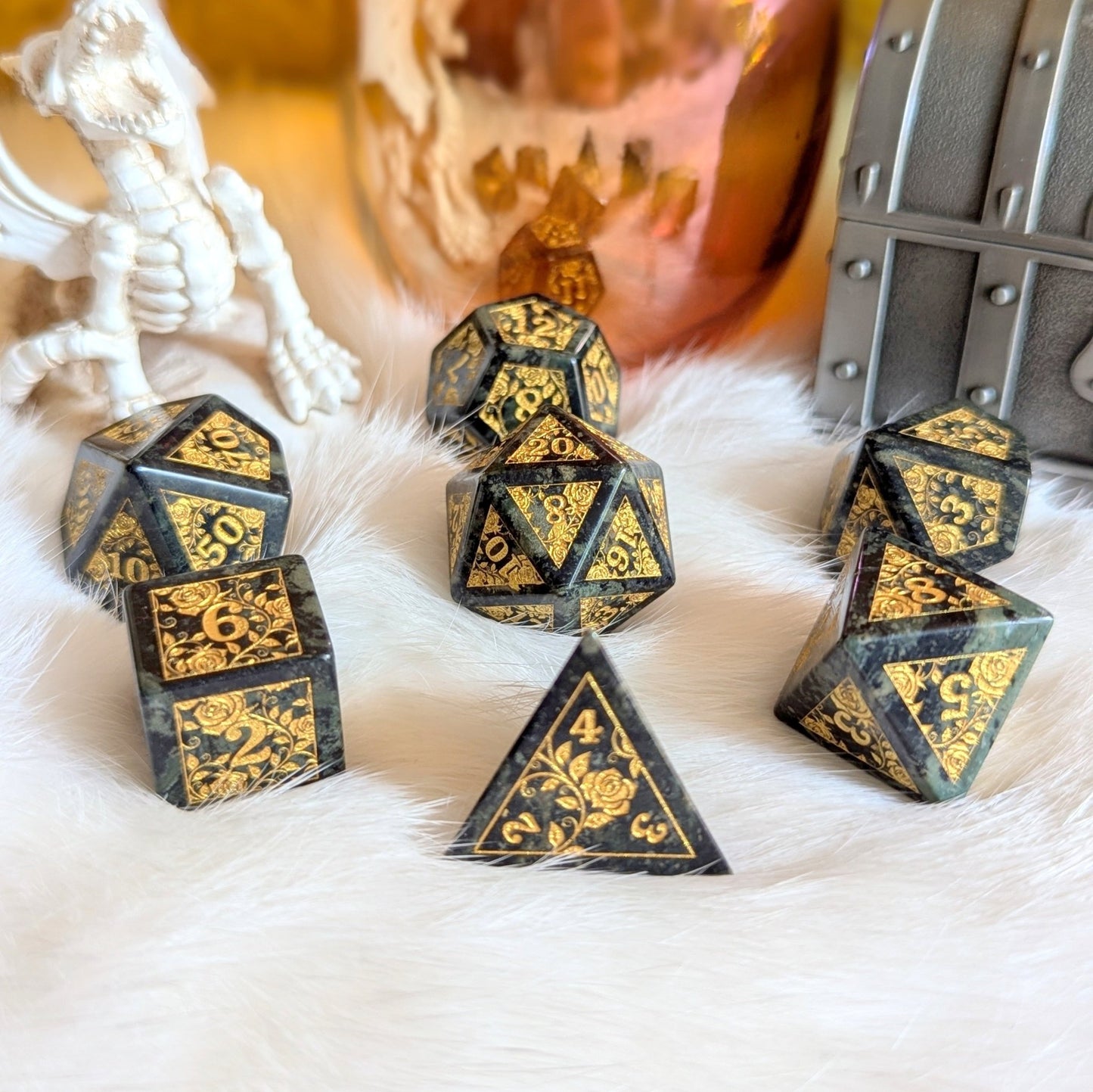 Kambaba Jasper Rose Dice Set – 7 - Piece Real Gemstone Engraved DnD Dice - Fennek and Finch