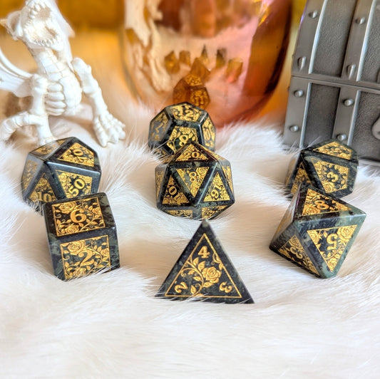 Kambaba Jasper Rose Dice Set – 7 - Piece Real Gemstone Engraved DnD Dice - Fennek and Finch