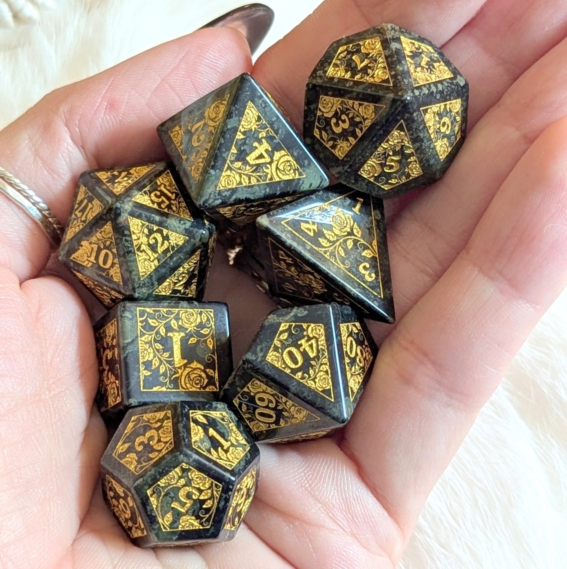 Kambaba Jasper Rose Dice Set – 7 - Piece Real Gemstone Engraved DnD Dice - Fennek and Finch