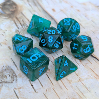 Lake Bottom Dice Set. Sparkly blue and green TTRPG Dice