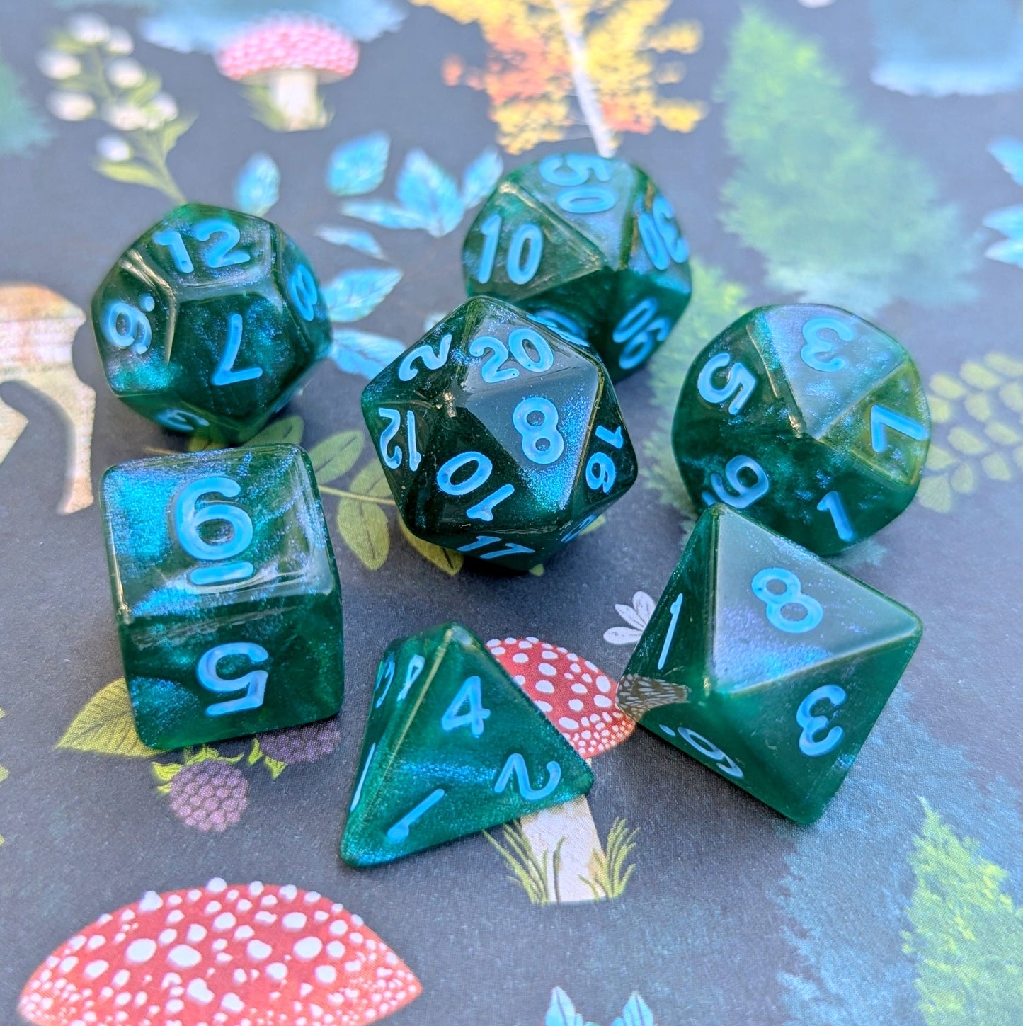 Lake Bottom Dice Set. Sparkly blue and green TTRPG Dice