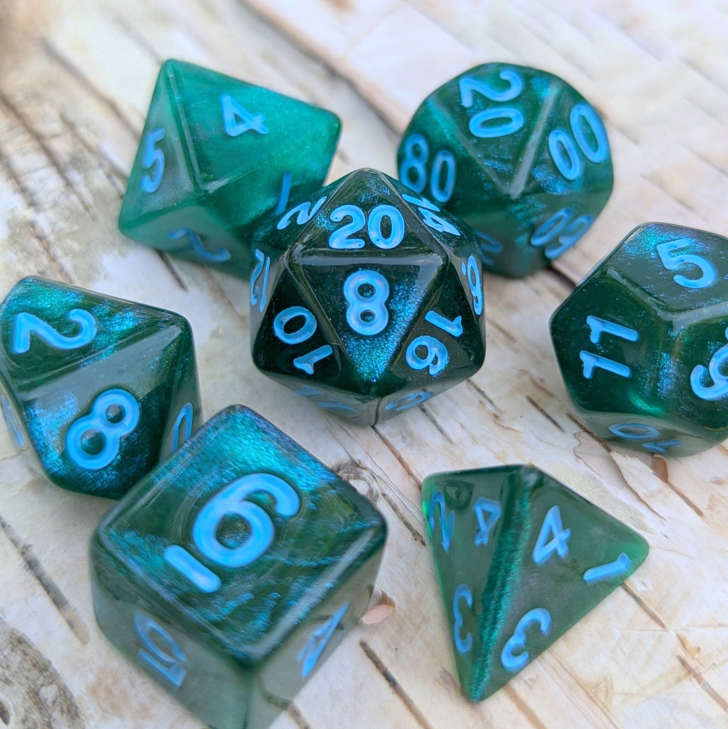 Lake Bottom Dice Set. Sparkly blue and green TTRPG Dice