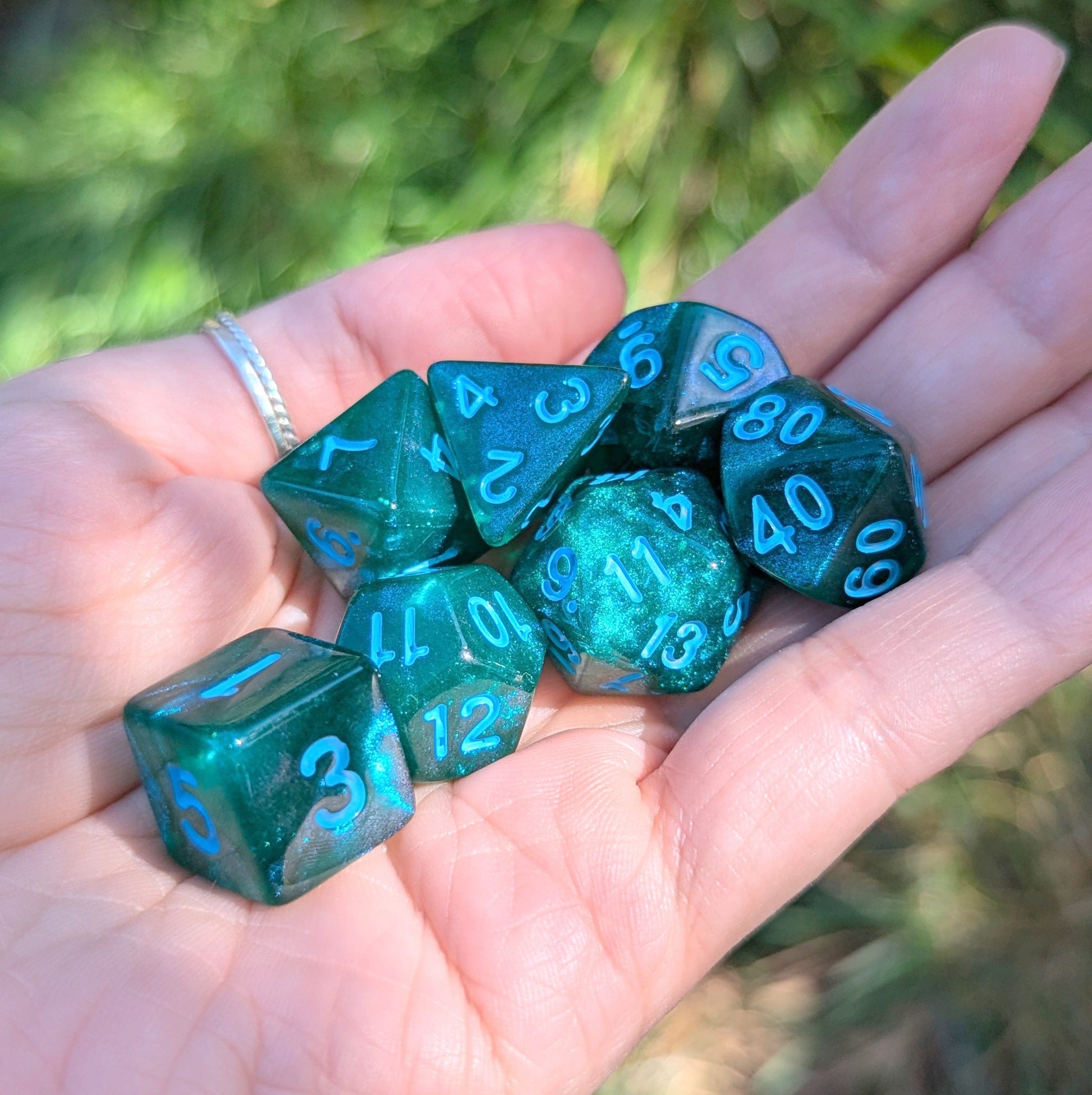 Lake Bottom Dice Set. Sparkly blue and green TTRPG Dice