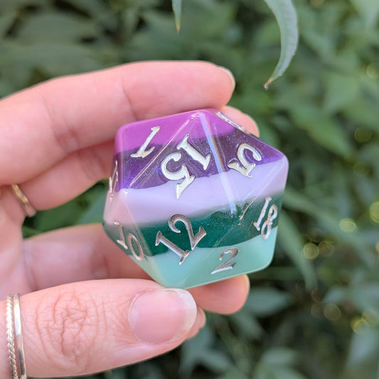 Large D20 Fae Dragon – Oversized Purple & Teal Resin Die for DnD | Fennek & Finch - Fennek and Finch