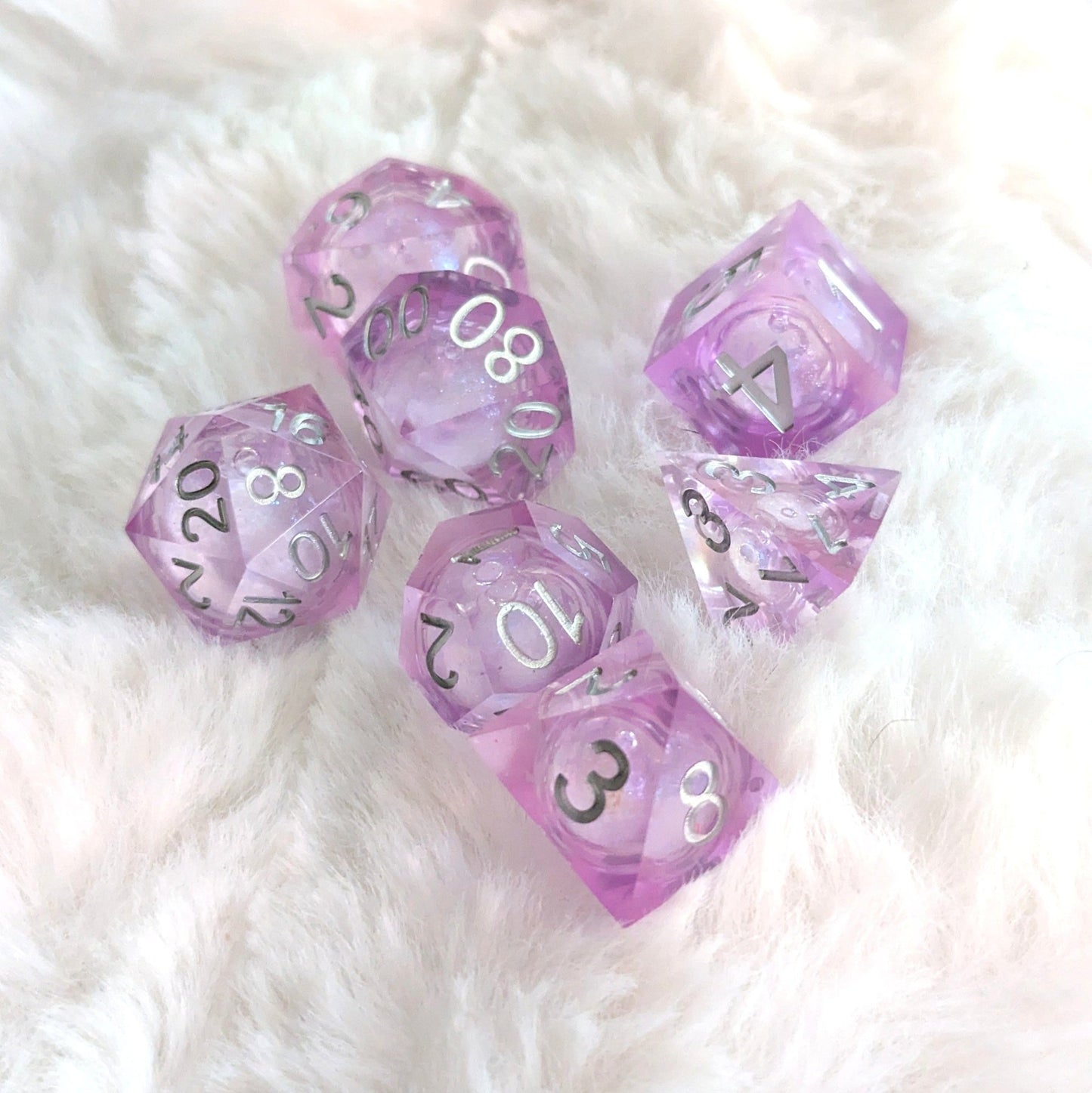 Lavender Liquid Core Sharp Edge DnD Dice Set | Purple Resin Dice with Shimmer - Fennek and Finch