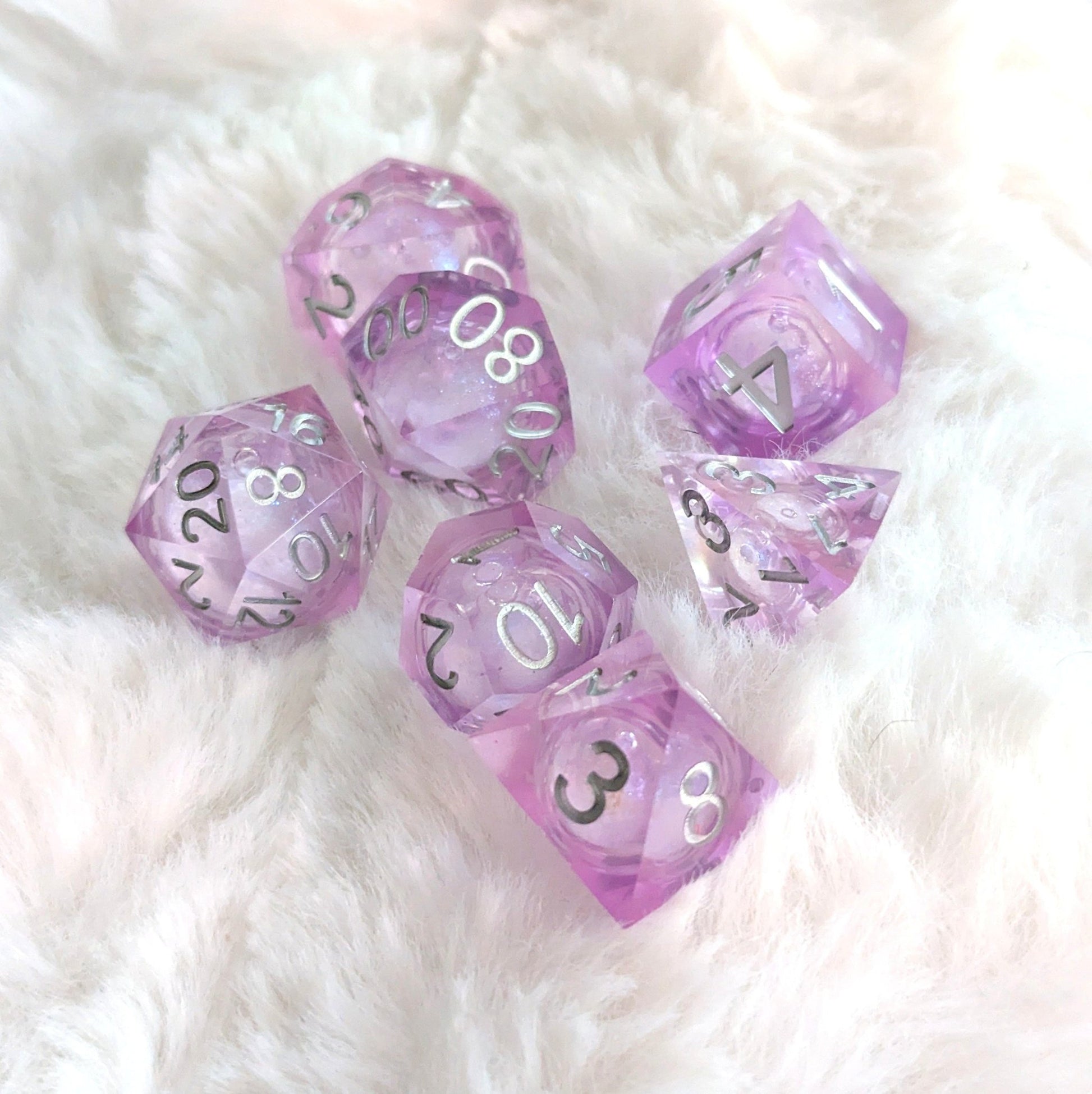 Lavender Liquid Core Sharp Edge DnD Dice Set | Purple Resin Dice with Shimmer - Fennek and Finch