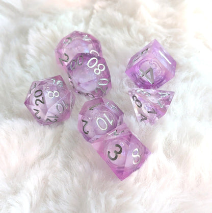 Lavender Liquid Core Sharp Edge DnD Dice Set | Purple Resin Dice with Shimmer - Fennek and Finch