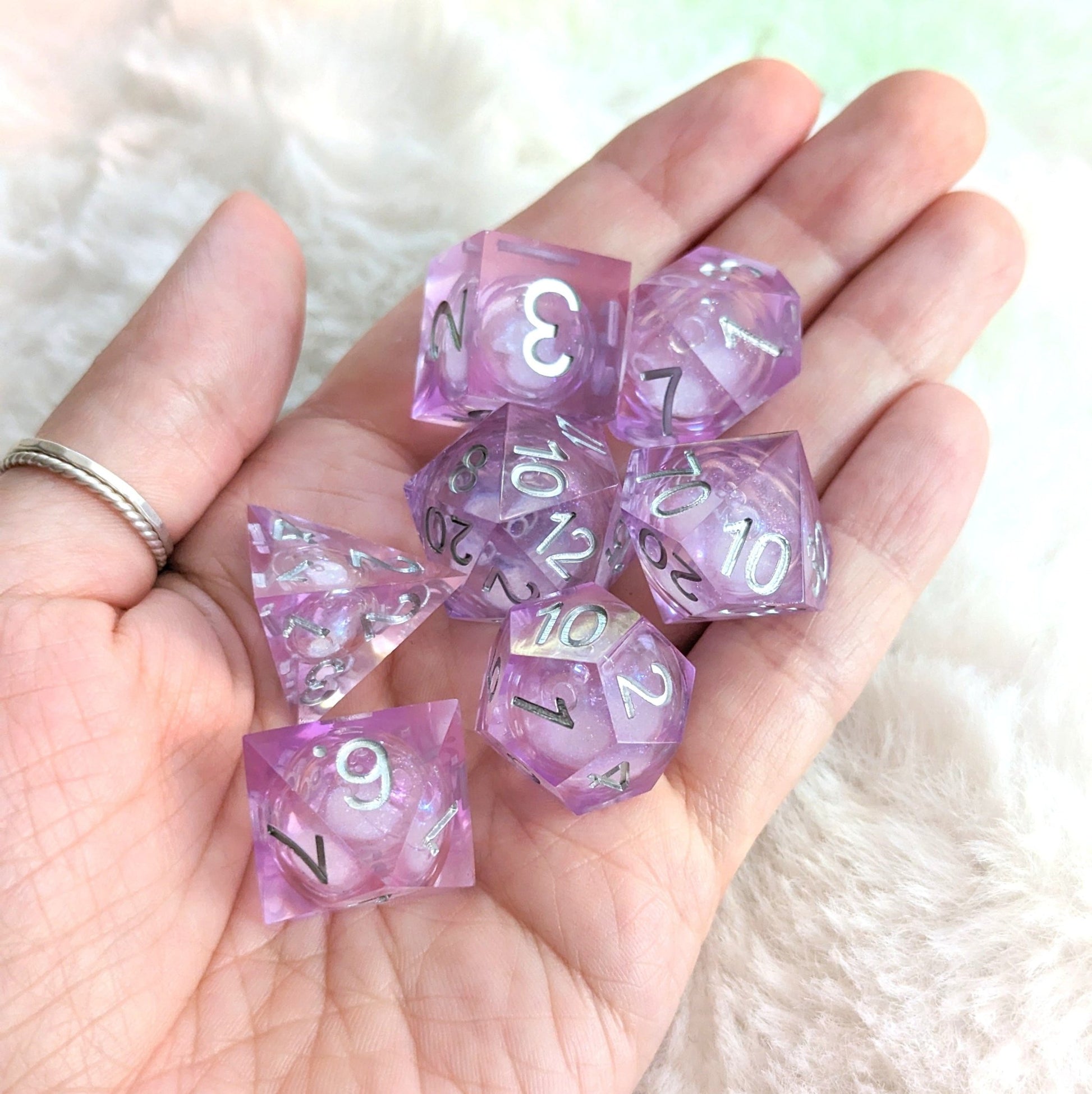 Lavender Liquid Core Sharp Edge DnD Dice Set | Purple Resin Dice with Shimmer - Fennek and Finch