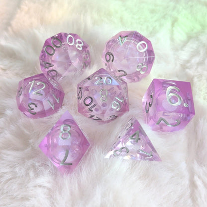 Lavender Liquid Core Sharp Edge DnD Dice Set | Purple Resin Dice with Shimmer - Fennek and Finch