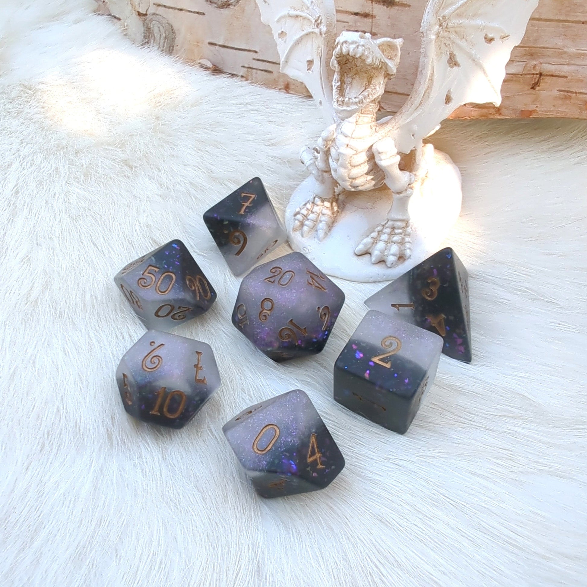 Light and Dark 7 Piece Dice Set. Black and White Frosted Dice.