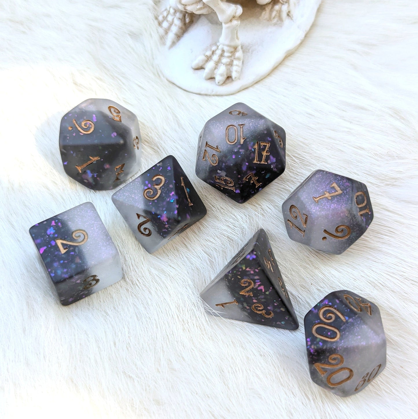 Light and Dark 7 Piece Dice Set. Black and White Frosted Dice.