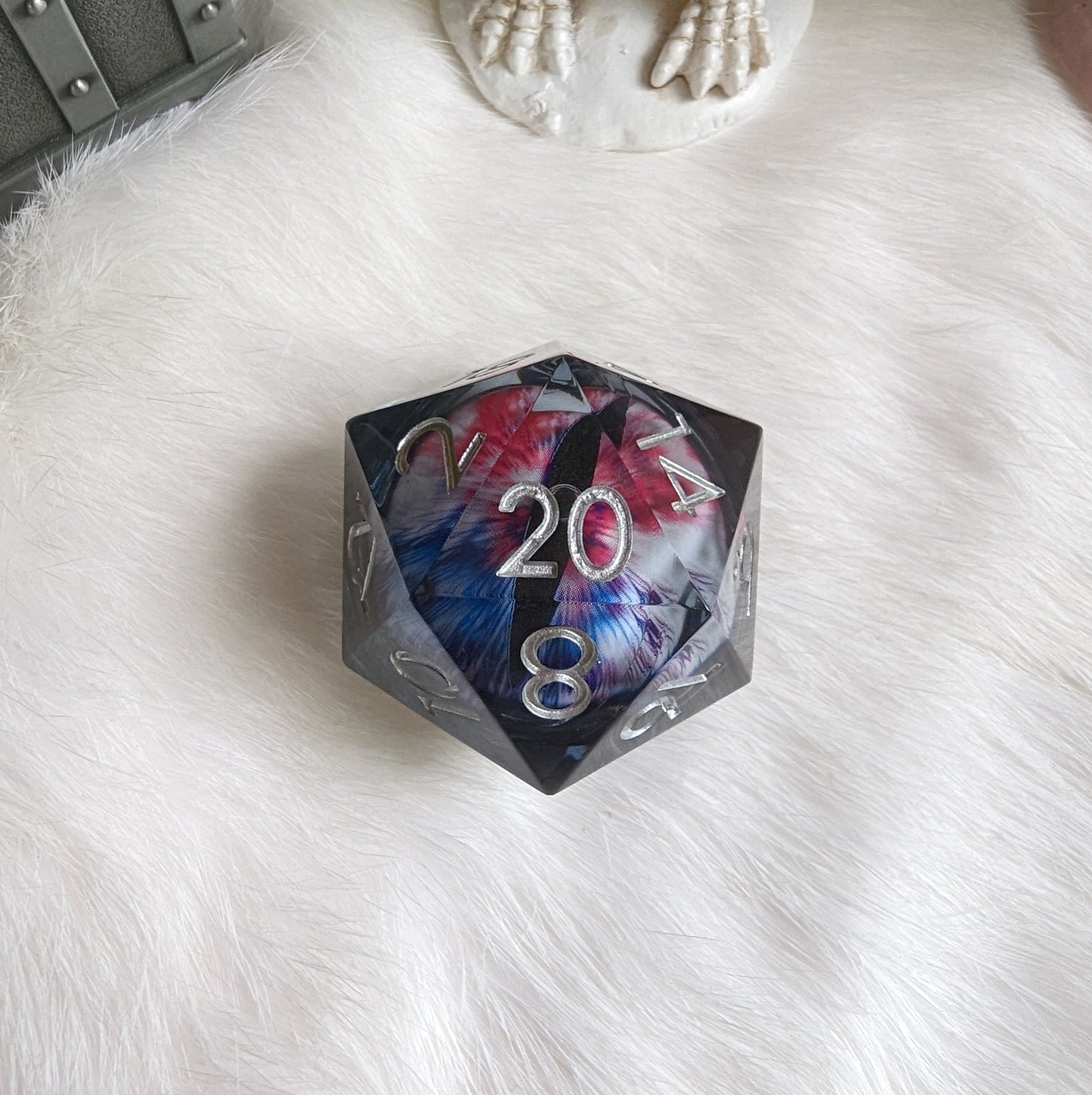 Liquid Core Eye D20 with White, Red, and Blue Glitter Swirl for Tabletop Games