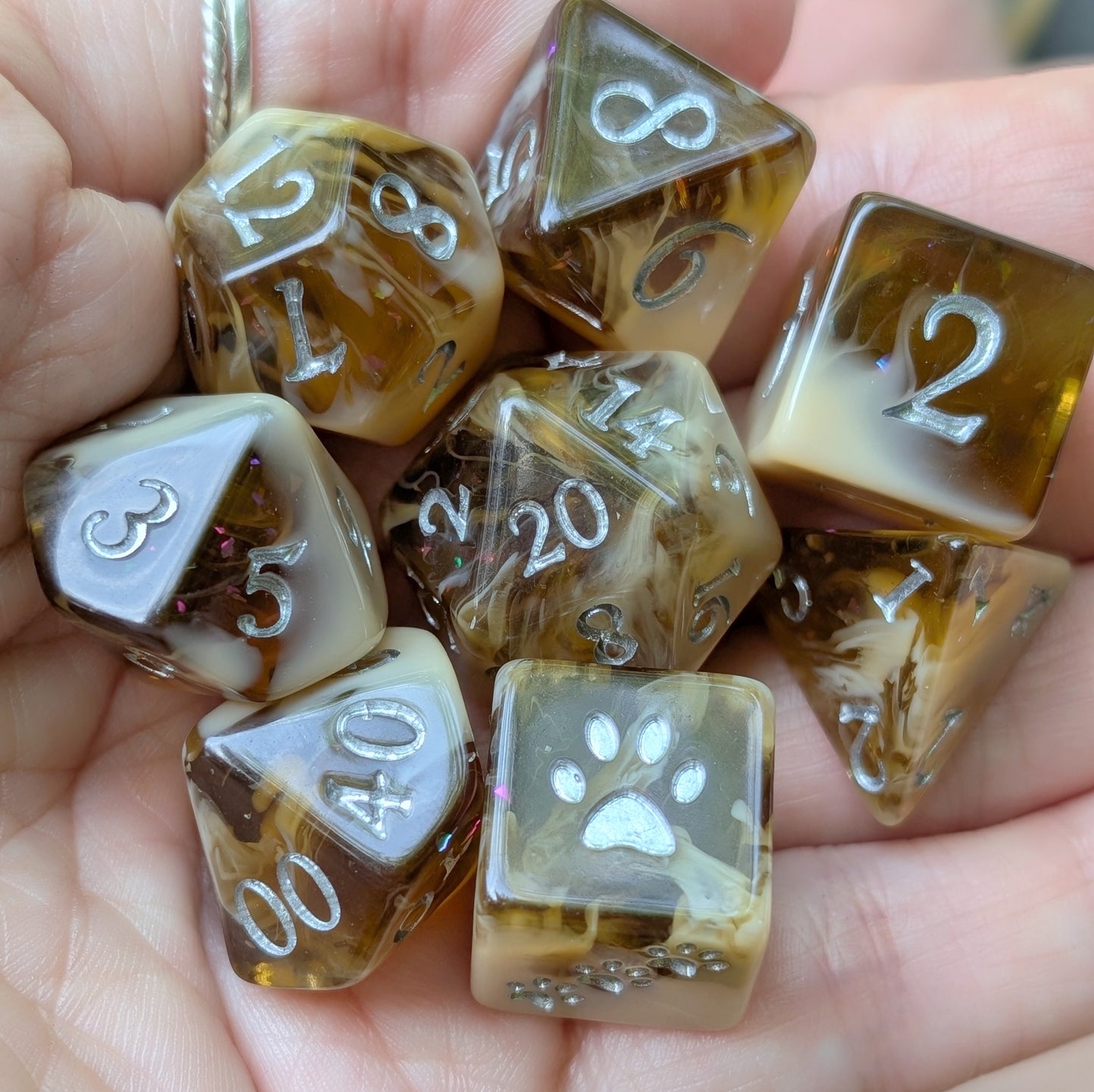 Magic Brew Coffee Dice Set. Brown and cream resin, with Glitter and Foil