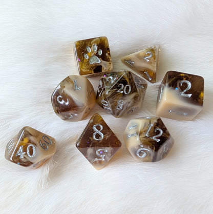 Magic Brew Coffee Dice Set. Brown and cream resin, with Glitter and Foil