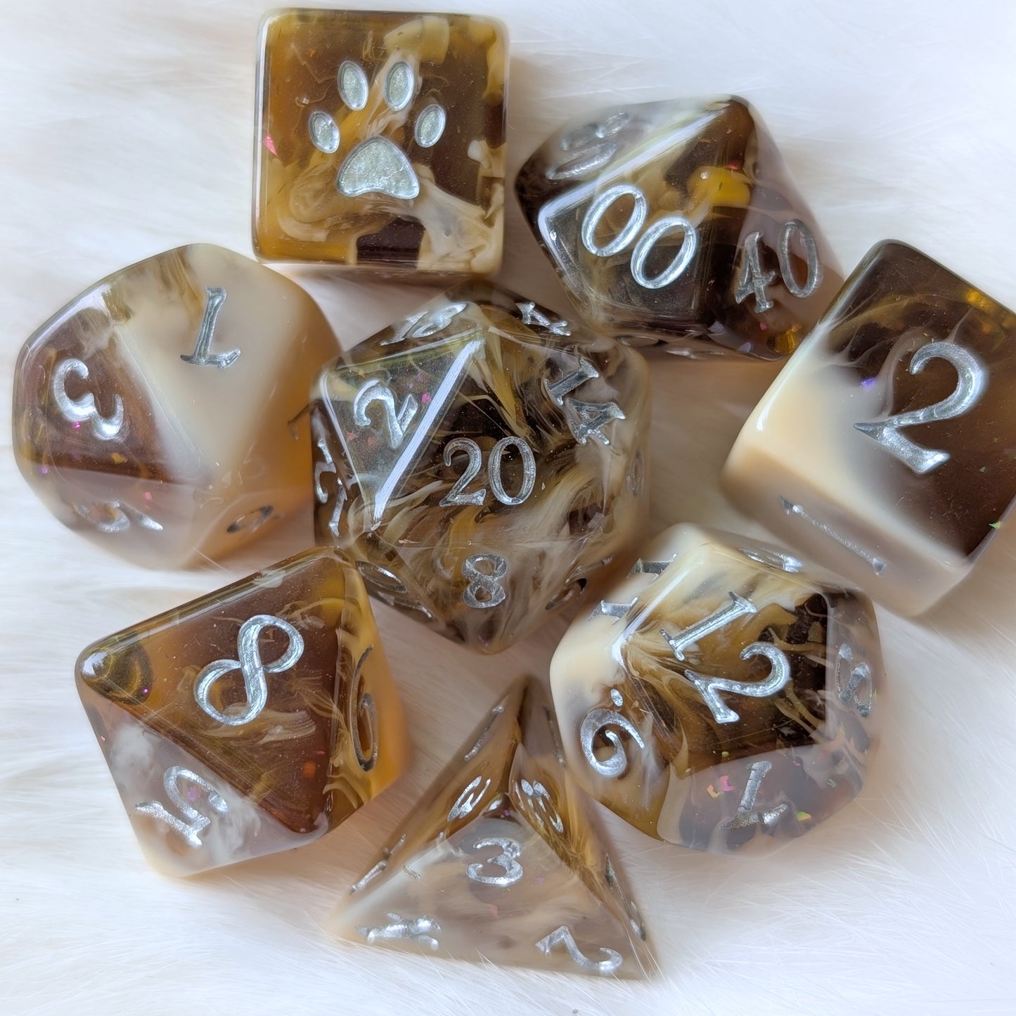 Magic Brew Coffee Dice Set. Brown and cream resin, with Glitter and Foil