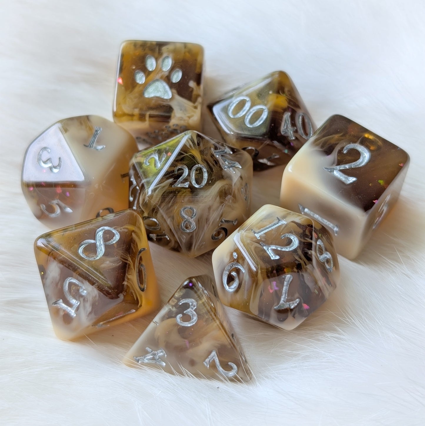 Magic Brew Coffee Dice Set. Brown and cream resin, with Glitter and Foil