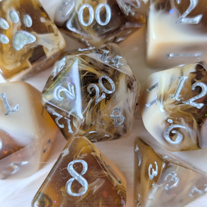 Magic Brew Coffee Dice Set. Brown and cream resin, with Glitter and Foil