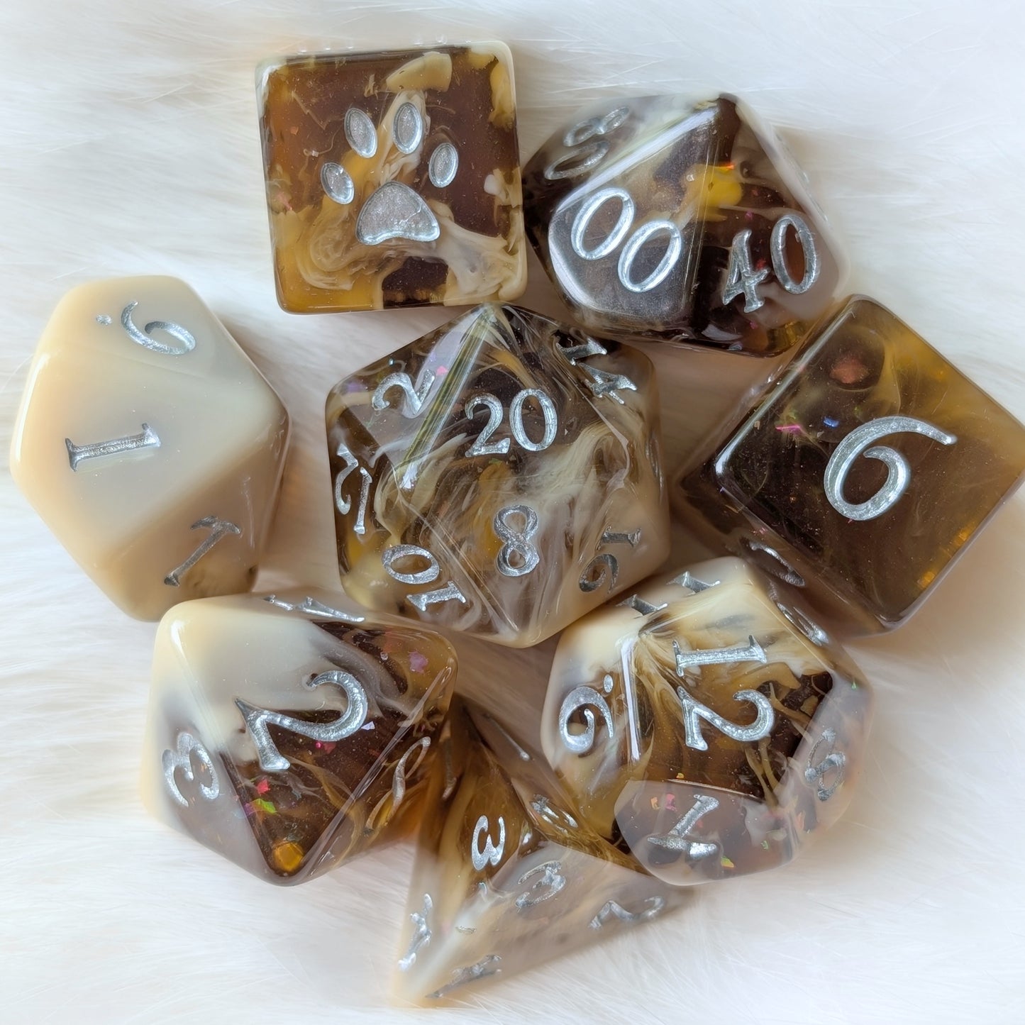 Magic Brew Coffee Dice Set. Brown and cream resin, with Glitter and Foil