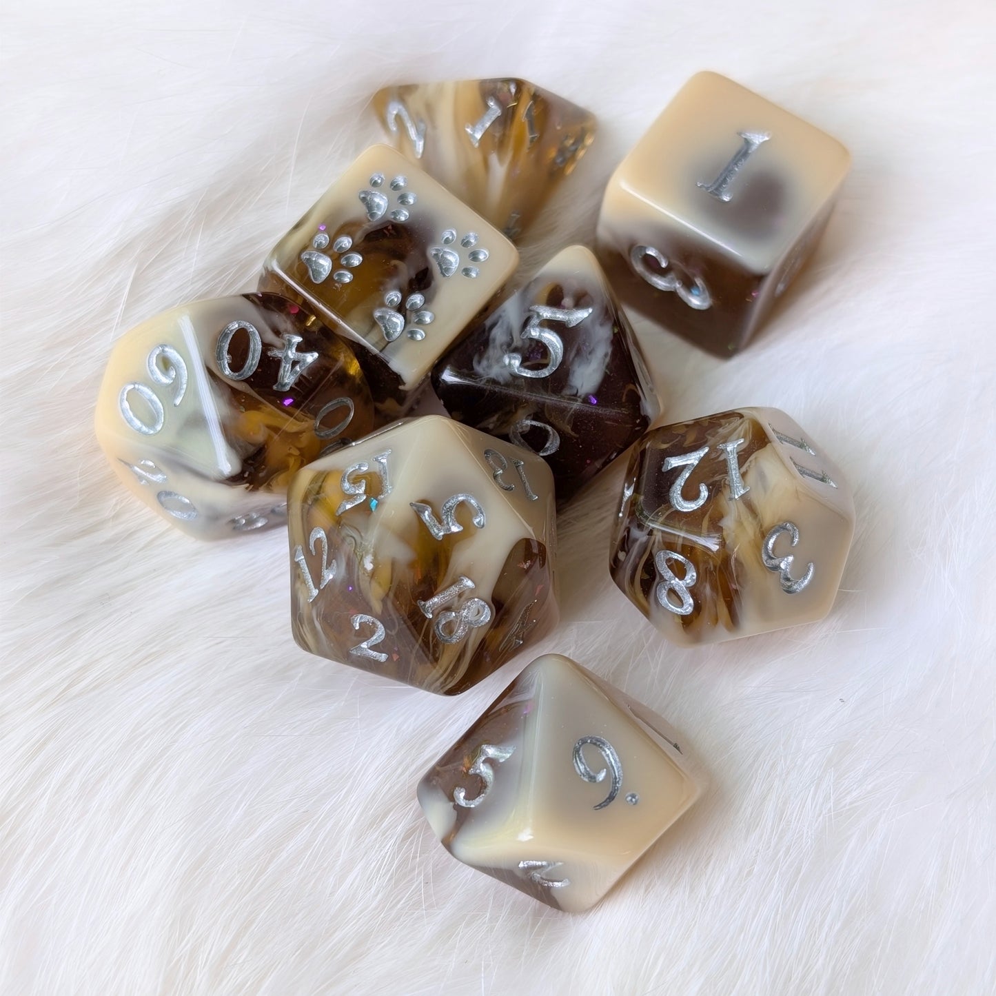 Magic Brew Coffee Dice Set. Brown and cream resin, with Glitter and Foil