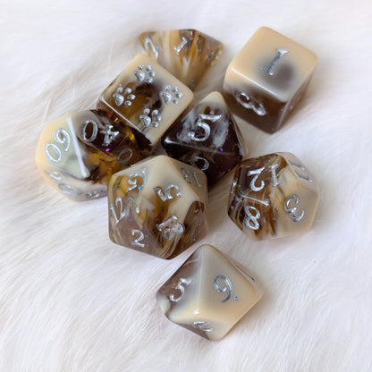 Magic Brew Coffee Dice Set. Brown and cream resin, with Glitter and Foil
