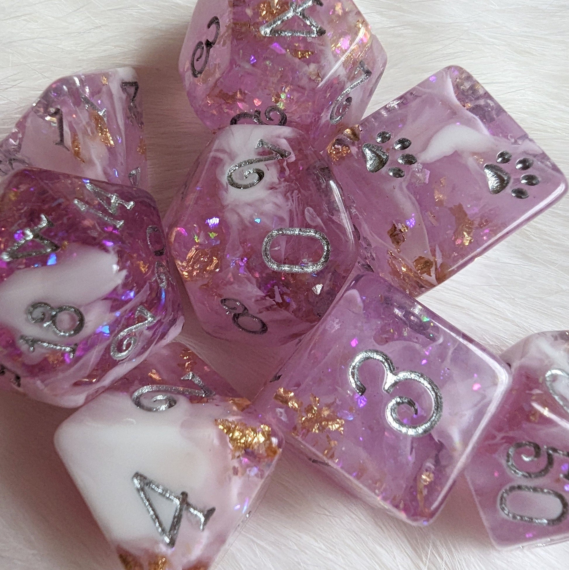 Mauve 8 Piece Dice Set. Clear Pink Purple and White Marble, with Glitter and Foil