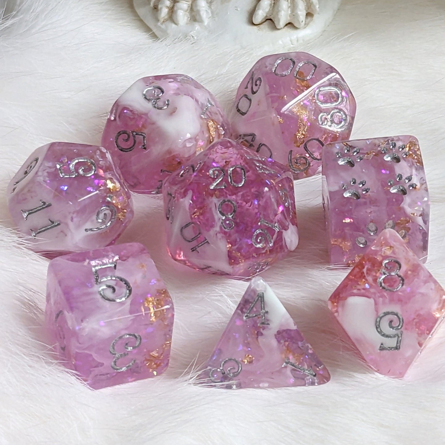 Mauve 8 Piece Dice Set. Clear Pink Purple and White Marble, with Glitter and Foil