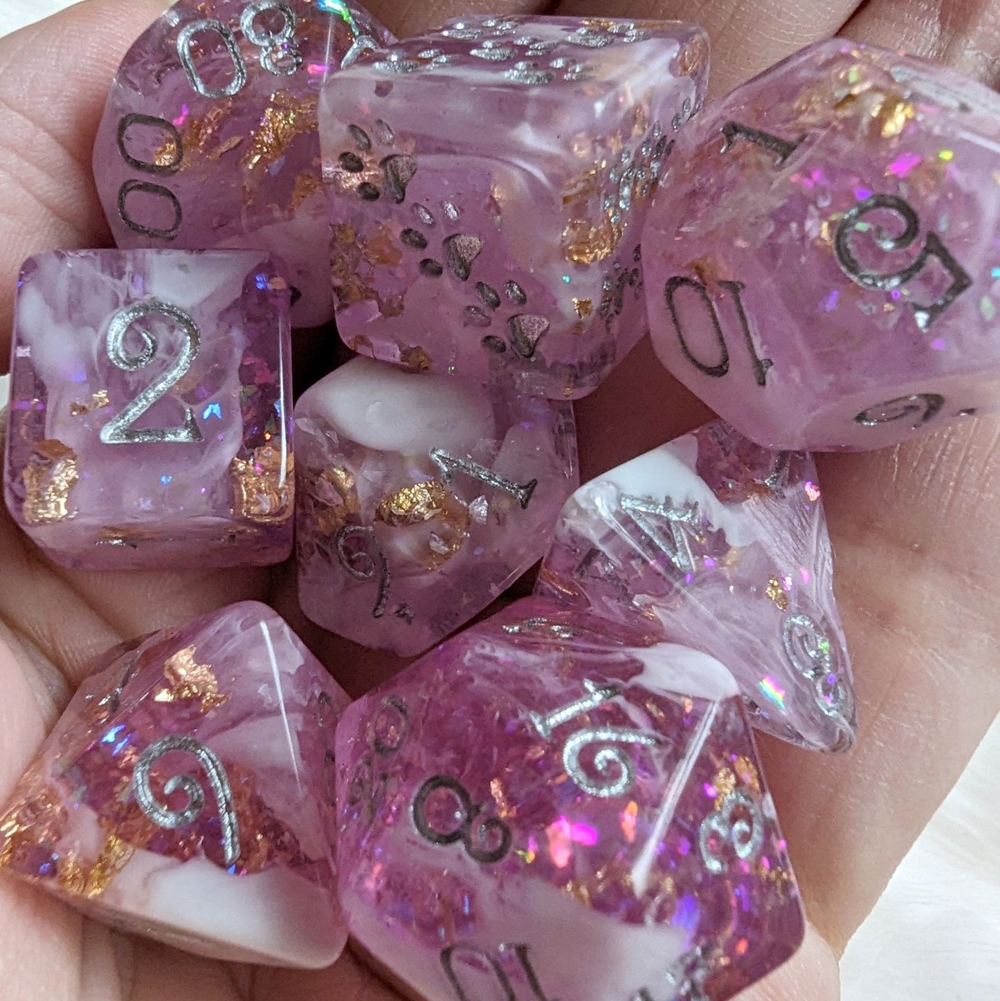 Mauve 8 Piece Dice Set – Clear Pink Purple White Marble Glitter Foil Paw Die - Fennek and Finch