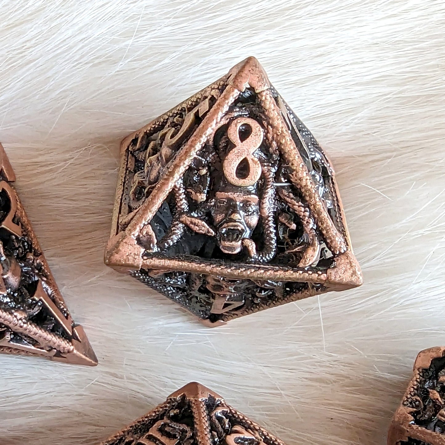 Medusa Hollow Metal Dice Set – 7 - Piece Snake Face DnD Dice - Fennek and Finch