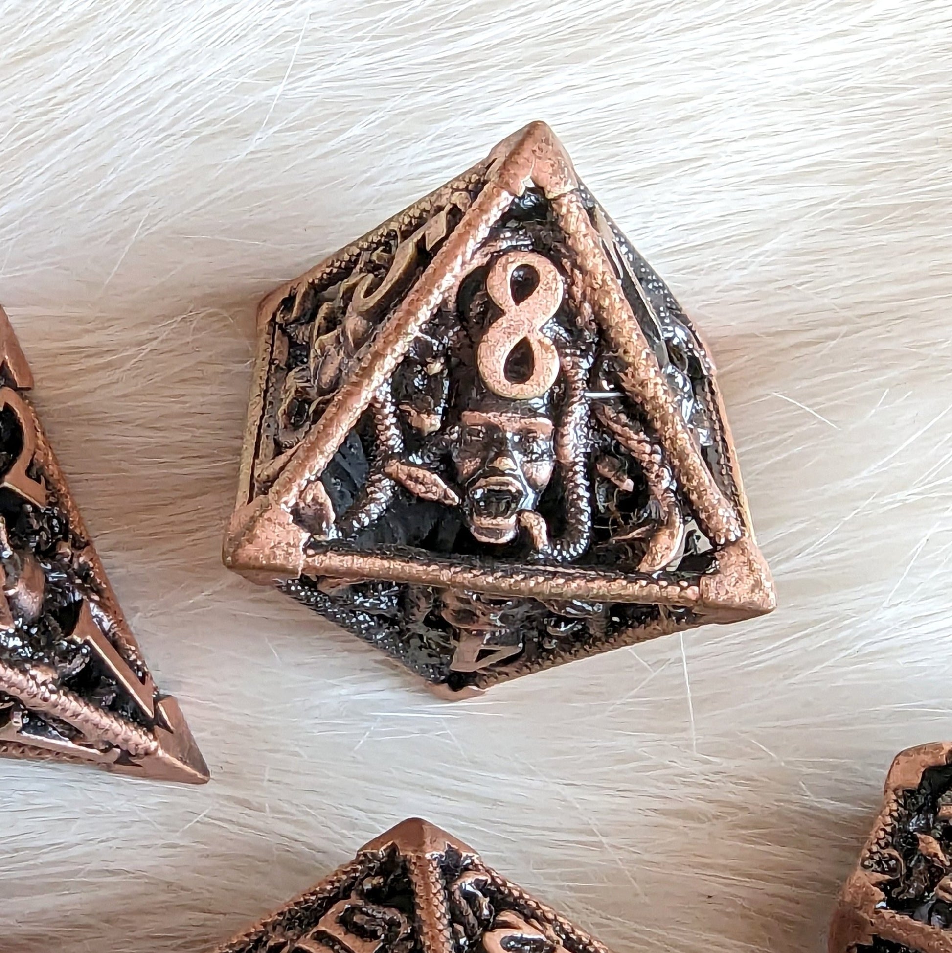 Medusa Hollow Metal Dice Set – 7 - Piece Snake Face DnD Dice - Fennek and Finch