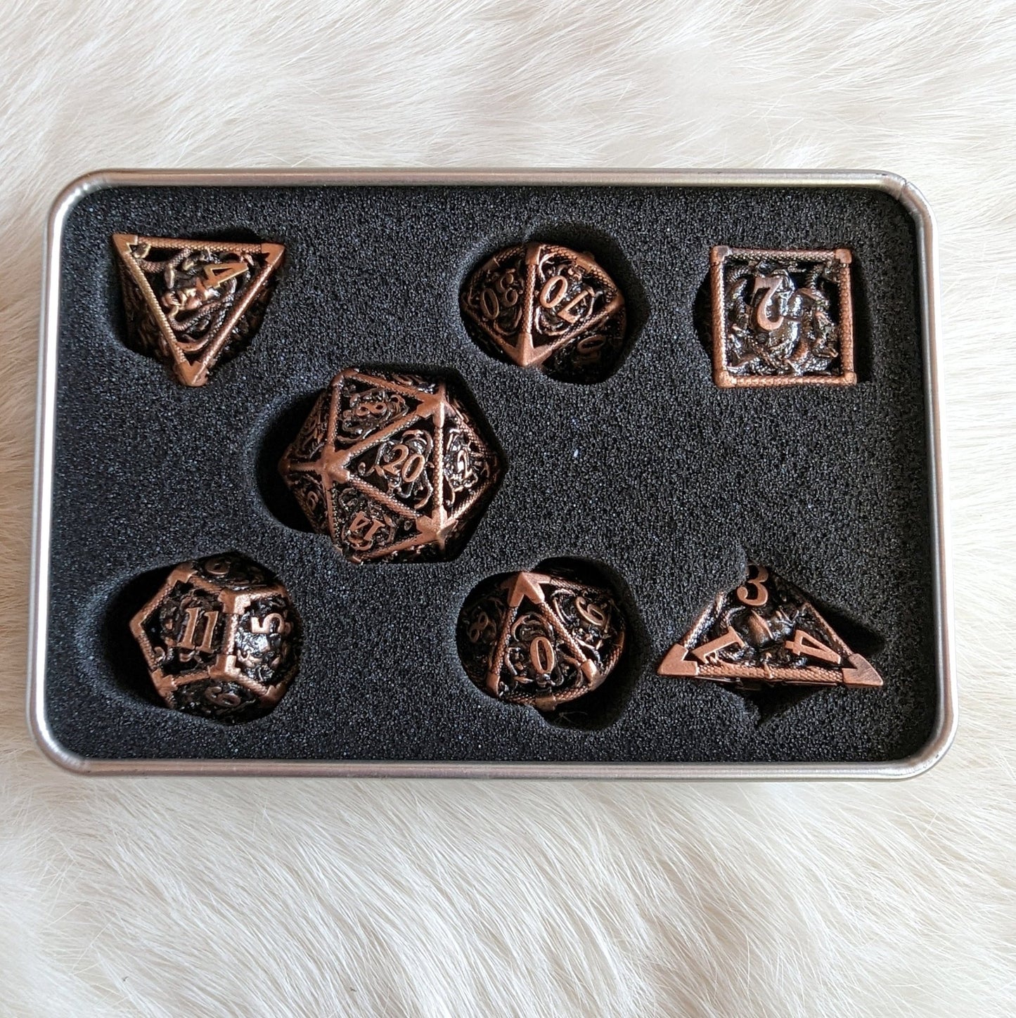 Medusa Hollow Metal Dice Set – 7 - Piece Snake Face DnD Dice - Fennek and Finch