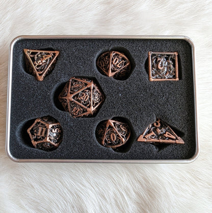 Medusa Hollow Metal Dice Set – 7 - Piece Snake Face DnD Dice - Fennek and Finch