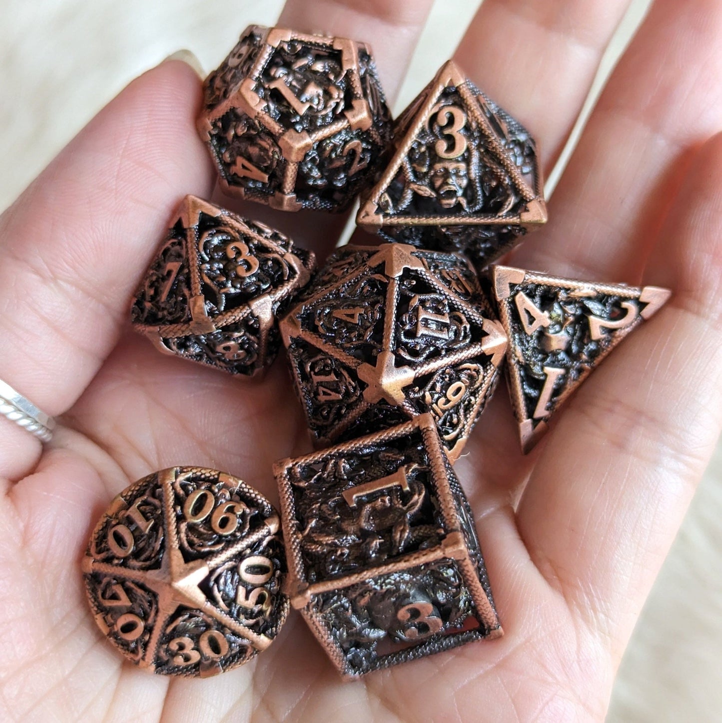 Medusa Hollow Metal Dice Set – 7 - Piece Snake Face DnD Dice - Fennek and Finch